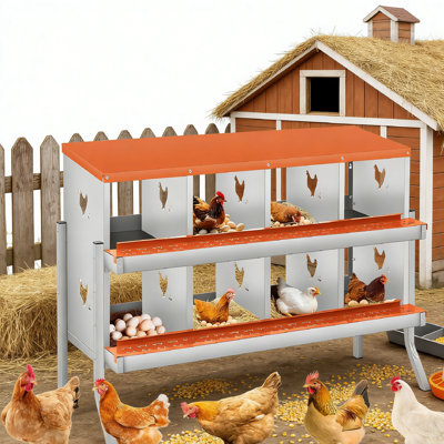 Boîtes de nidification de poulet avec pattes de support, boîte à œufs de poule en métal à deux niveaux avec 8 compartiments grands trous ventilés pour la collection d'œufs, orange