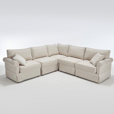 Canapé modulaire 5 places en lin avec coussin décoratif