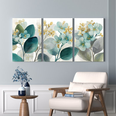 Floral bleu vert feuilles et fleurs jaunes style aquarelle sur toile tendue, reproduction d'art sur toile, ensemble de 3