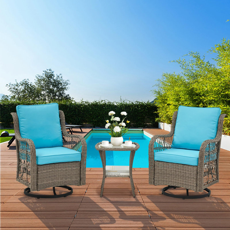 Ensemble de 3 chaises berçantes pivotantes d'extérieur avec petite table d'appoint 3 pièces, Bleu, Gris