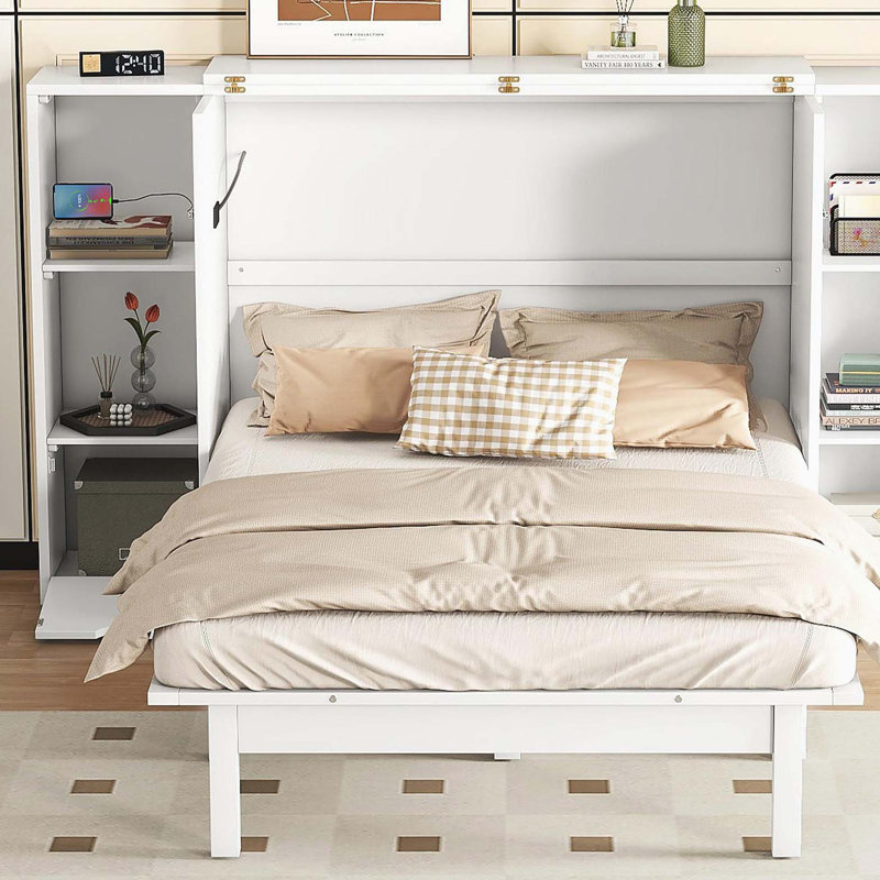Grand lit escamotable avec tablettes, tiroirs et ports USB, blanc, Blanc, Grand lit