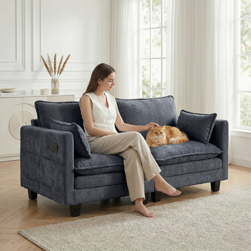 Ensemble de canapé 3 places en chenille avec repose-pieds et recharge USB, Chenille bleu
