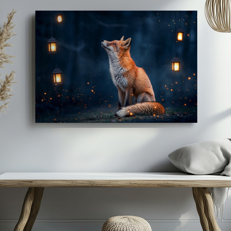 Toile, scène sereine nocturne avec un renard roux assis gracieusement, art mural sur le sol, H 30 po x l 30 po