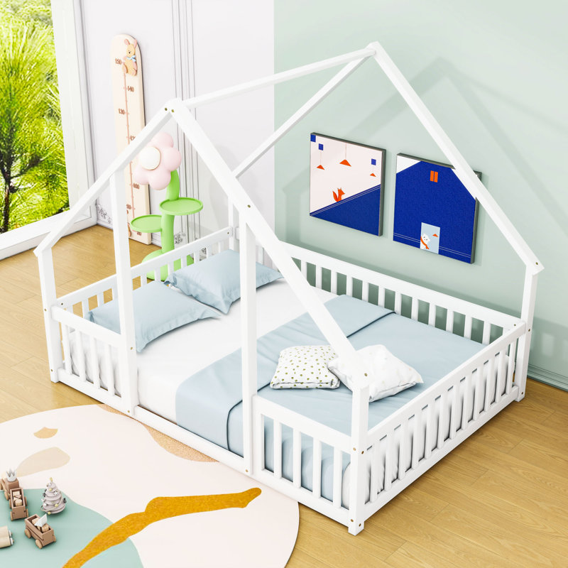 Wood House-Shaped Floor Bed With Guardrails, White, Full
