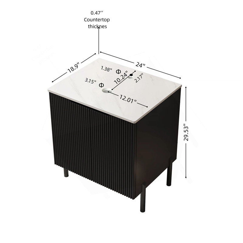 24" Freestanding Cabinet Without Basin, With Carrara White Sintered Stone Counter Top And 2 Doors, Black