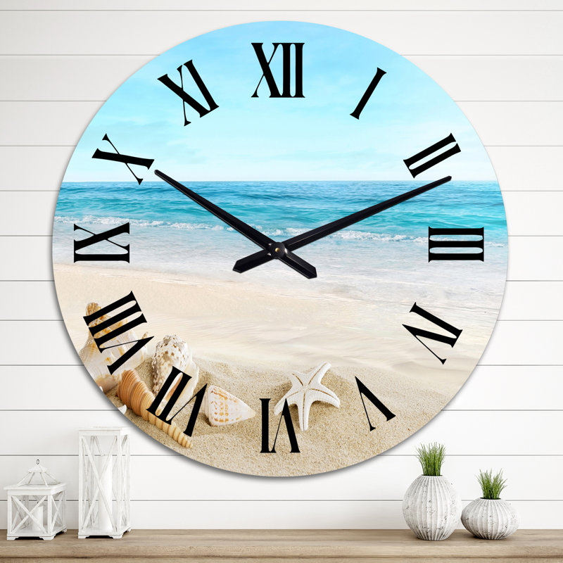 Paysage avec coquillages sur une plage tropicale - Horloge murale nautique et côtière, Surdimensionné