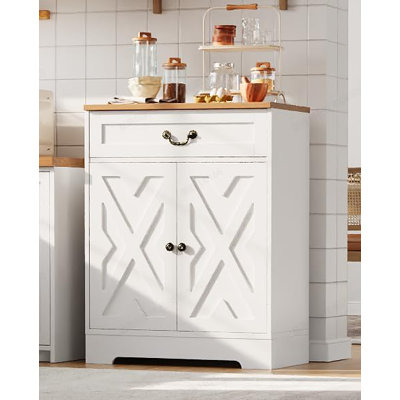 Farmhouse Coffee Bar Cabinet with 2 Doors, Drawer, Adjustable Shelf, Easy Assembly for Kitchen, Dining Room, White