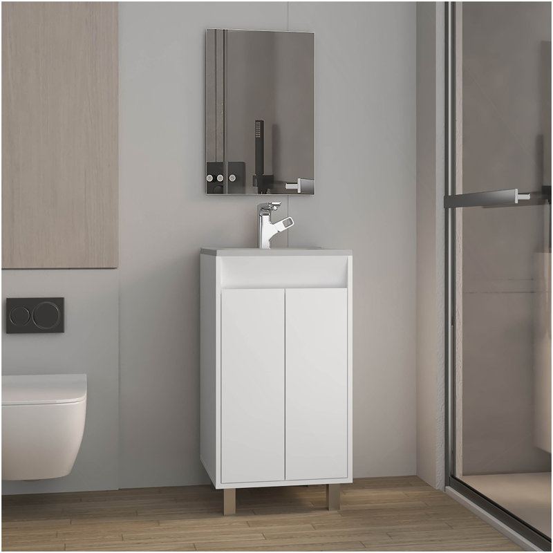 Ensemble de salle de bain, armoire avec lavabo + miroir, 2 portes, 4 pieds, 2 tablettes, 1 miroir, blanc, Blanc