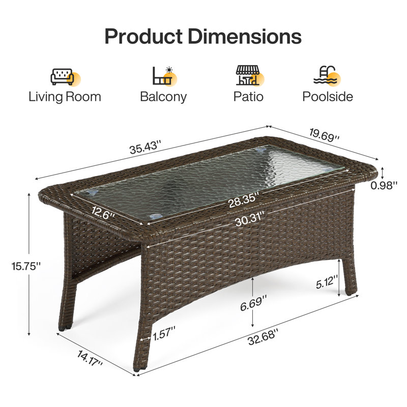 Table basse d'extérieur rectangulaire en osier avec plateau en verre