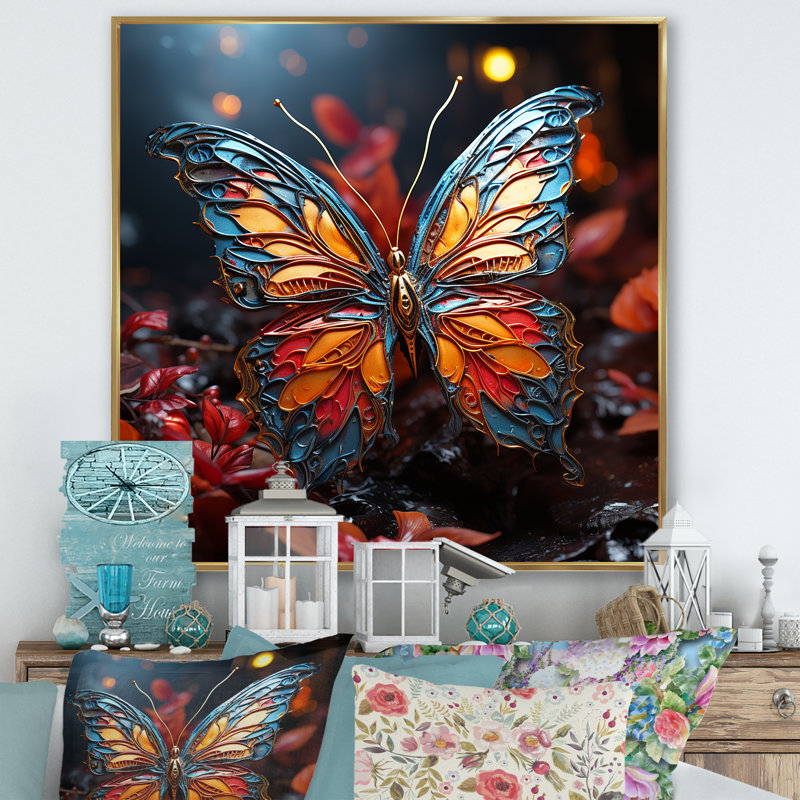 «Butterfly Fantasy Flight I», reproduction d'art sur toile, Cadre flottant doré, H 16 po x l 16 po x P 1 po