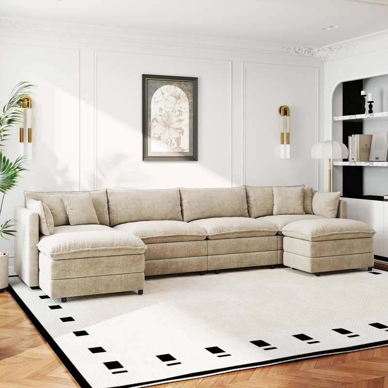 Canapé-lit en chenille moderne avec repose-pieds, H 33,85 po x l 147,22 po x P 35,82 po, Café chenille