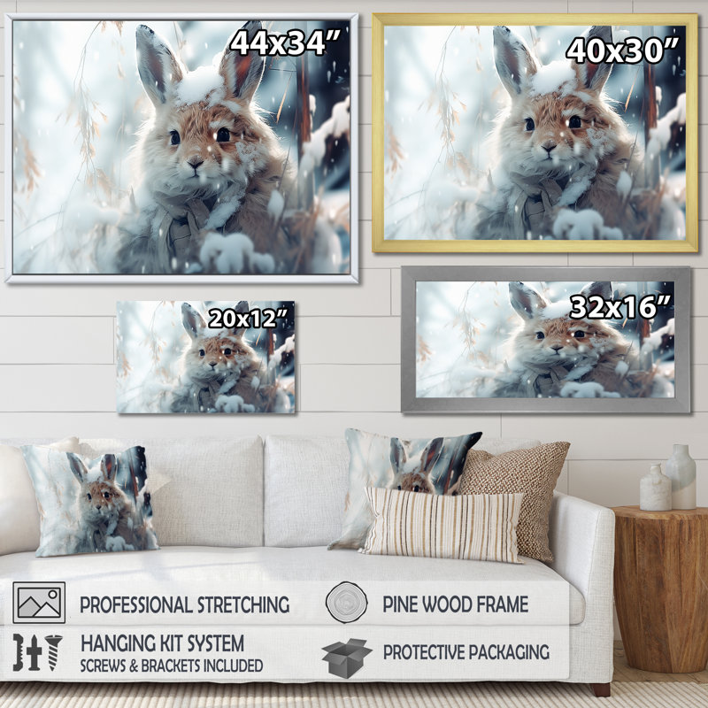 Frosty Bunny Winter Scenery - Winter Landscape, art mural, Cadre flottant brun, H 12 po x l 20 po x P 1 po