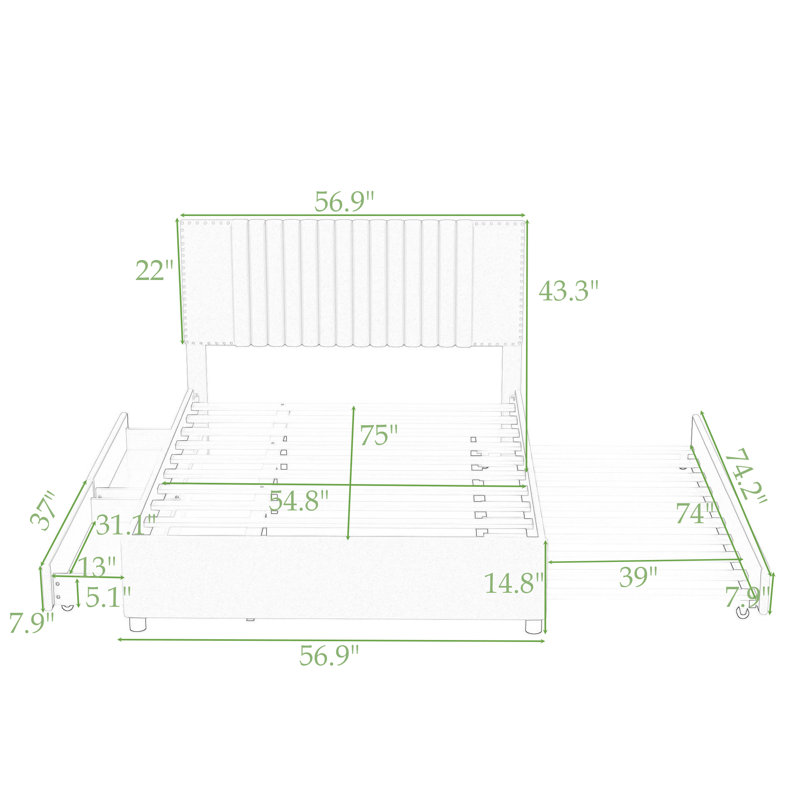 Wood Upholstered Platform Bed with Drawers, Trundle and Headboard, Full, Gray