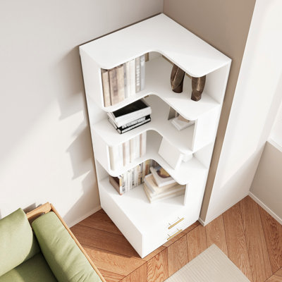 Bibliothèque d'angle à 5 niveaux, bibliothèque en bois 71 "avec baffle et 2 tiroirs, support de présentation autoportant avec dispositif anti-basculement Morden, pour le salon, le bureau personnel, la chambre à coucher