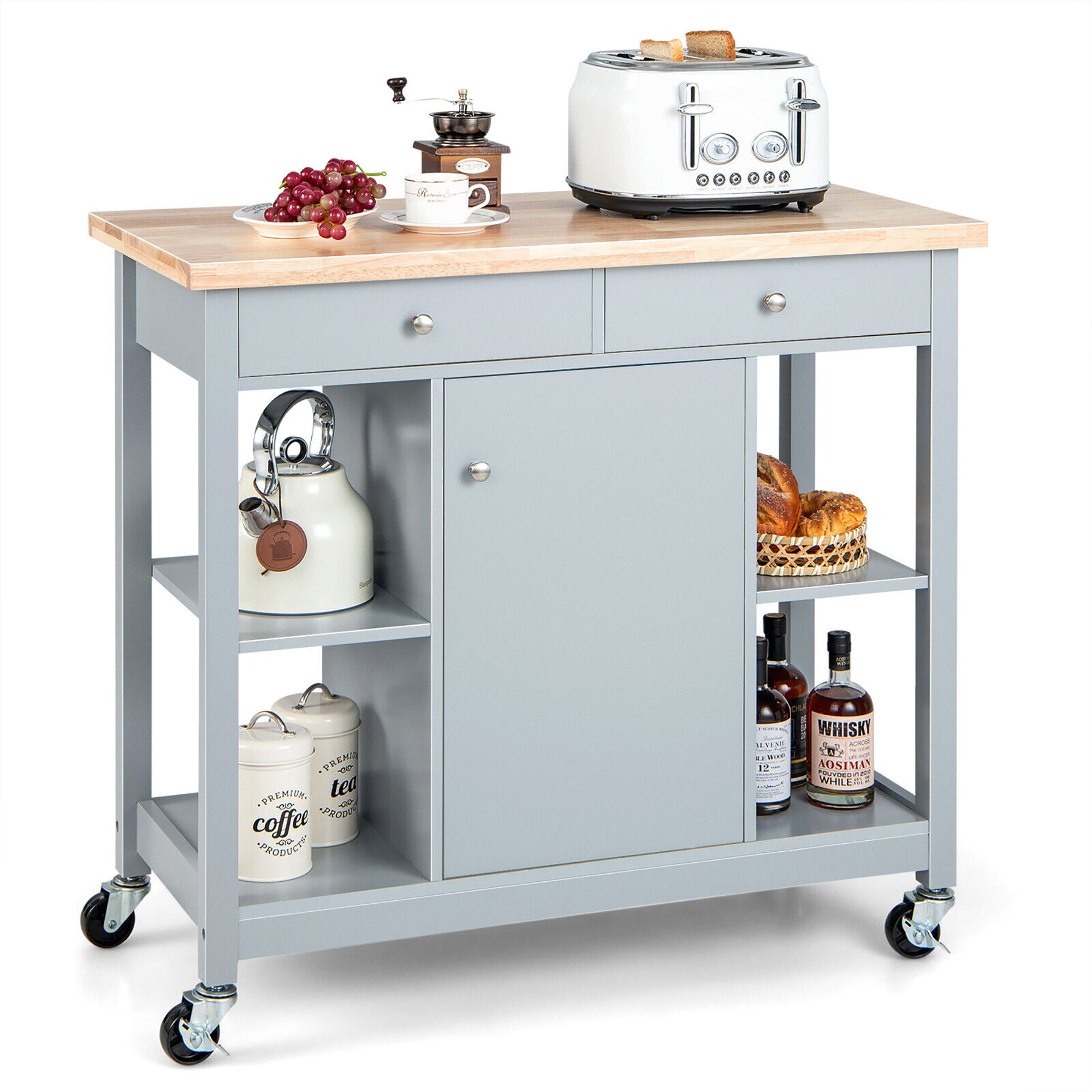 Winston Porter Small Kitchen Island with Storage, Rolling Kitchen Island,  Basket, Wine Rack, 3-Tier Rack