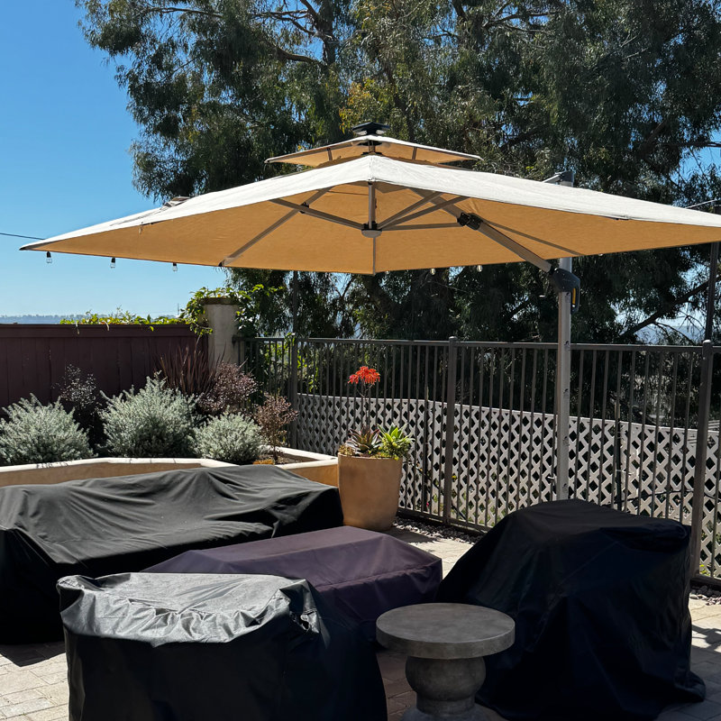 Parasol carré extérieur robuste à double dessus décalé 10 pi avec lumières, tissu de qualité supérieure, avec base, beige