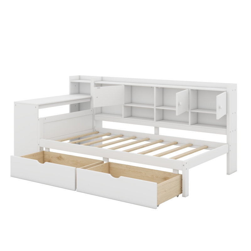 Lit de jour en L en bois avec armoires de rangement et tiroirs de rangement, lit multifonctionnel avec bureau d'étude, Blanc