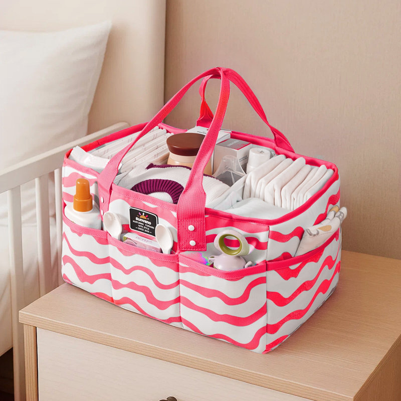Portable Diaper Caddy Organizer with Removable Dividers, Large Capacity Baby Nursery Storage, Pink