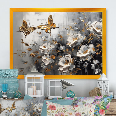 «Ryonna Golden White Butterfly Wings And Flowers II», reproduction sur toile