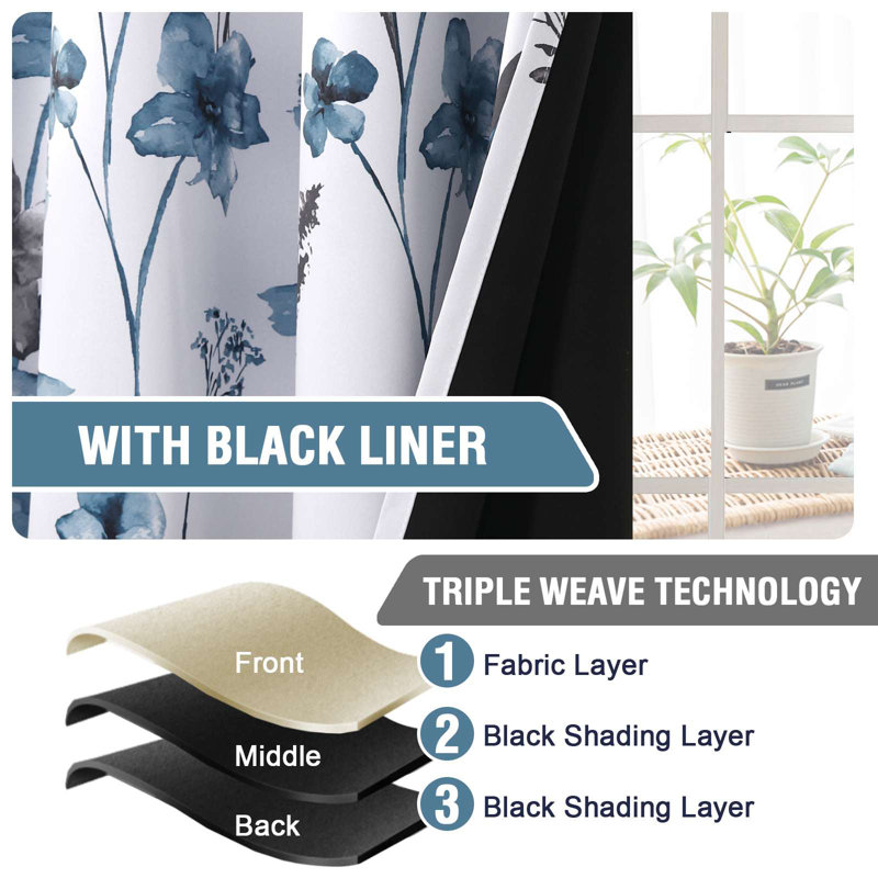 100% Blackout Curtains for Bedroom Cattleya Floral Printed Drapes Leah Floral Pattern Full Light Blocking Drapes with Black Liner Rod Pocket 2 Panels