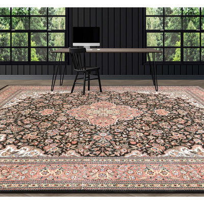 Tapis noir et rose noué à la main de haute qualité