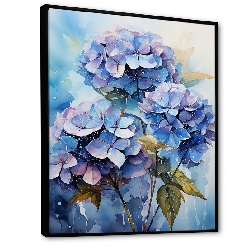 Hortensia bleue et mauve II sur toile, Cadre flottant noir, H 32 po x l 16 po x P 1 po
