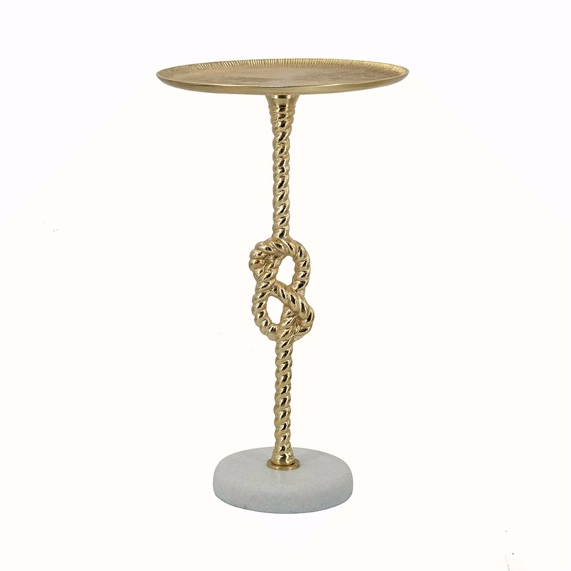 Table d'appoint dorée 13,8 x 13,8 x 24 po avec nœuds en corde et base en marbre blanc