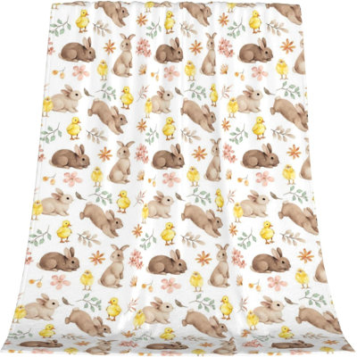 Easter Throw Blanket, Soft Flannel Bunny Blanket with Watercolor Floral Design, Lightweight Warm Easters Blanket Throw for Couch Sofa Bed, Cozy Easter Decor for Spring