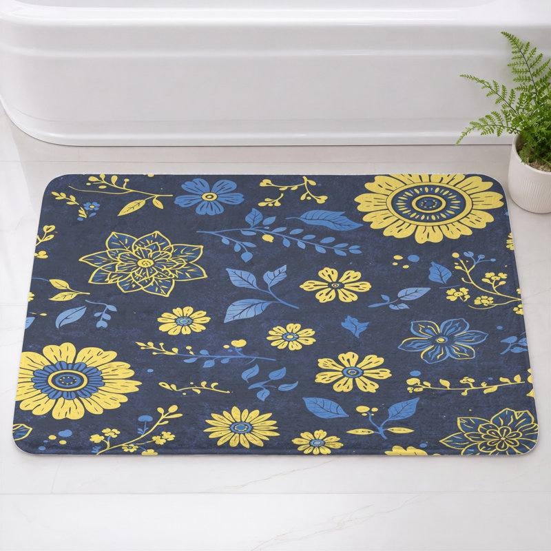 Tapis de bain à motif floral, 24 po L x 17 po L, Dark Blue Medium Yellow