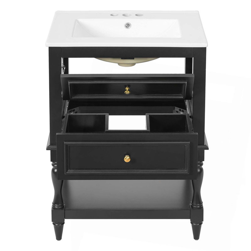 Meuble-lavabo de salle de bain 24 po avec lavabo en céramique, Noir, Or