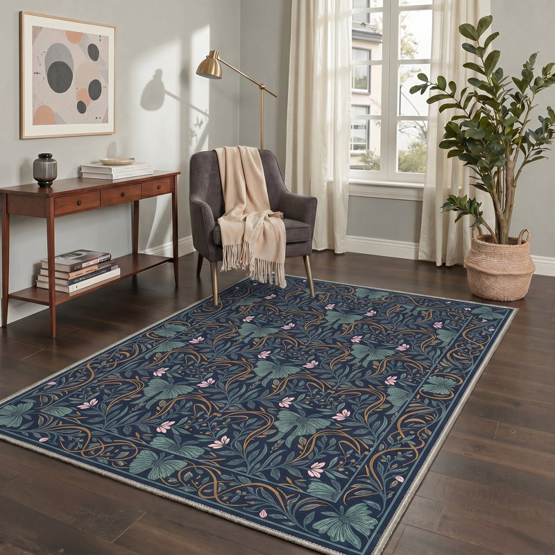 Allendale Vinewood Floral Machine Washable Blue Indoor Area Rug with Non-Slip Backing, Rectangle 6' x 9'