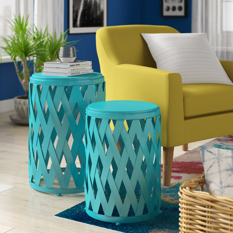 Quinlan Iron Top End Table Set, Matte Teal