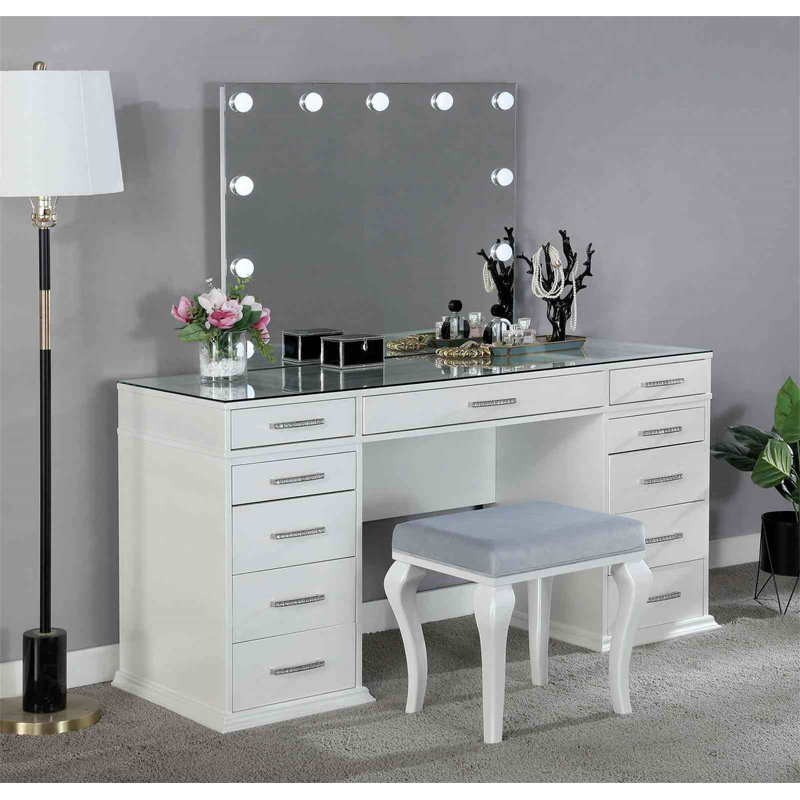 Glam Style Vanity Set With Padded Stool, 8Mm Glass Top, Storage Drawers, And LED Mirror For Luxurious Bedroom Decor