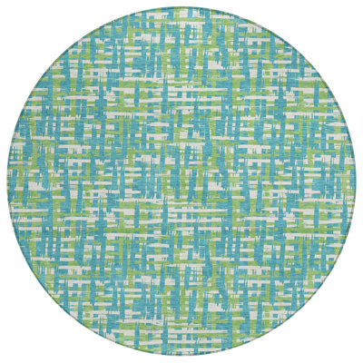 Tapis extérieur rond lavable abstrait turquoise et ivoire 8 pi