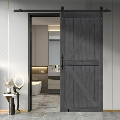 MDF Barn Door Easy Assembly -Solid Slab Covered with Water-Proof PVC Surface with Hardware Kit