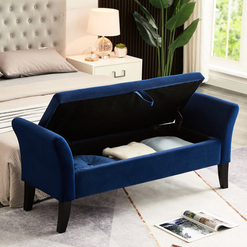 Banc de bout en velours bleu marine avec rangement - 51,5 po de longueur, canapé de salon de style moderne