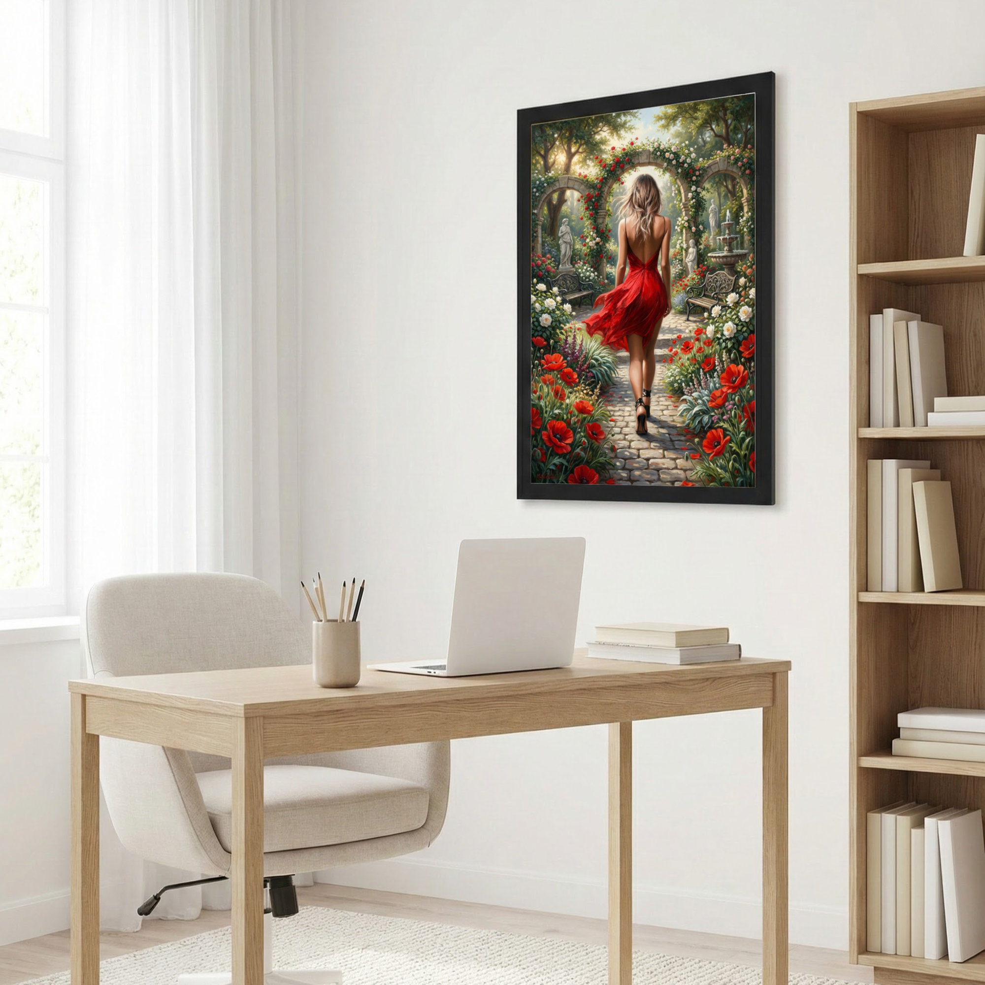 Astoria Grand Red Dress Woman In Floral Garden Canvas Wrapped Wall Art ...