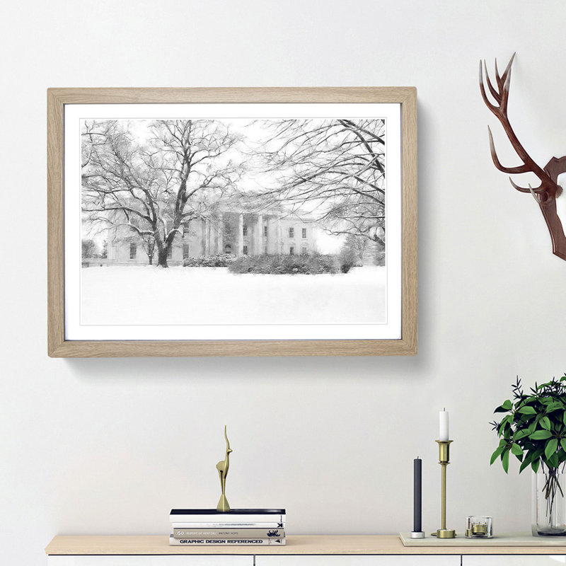 Wintertime View of the White House - Picture Frame Photograph Print, 62cm H x 87cm W x 2cm D, Oak Framed
