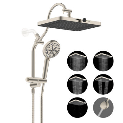 Ensemble de douche 2 en 1 : pommeau de douche effet pluie 5 jets de 33 cm et douchette à main 10 jets avec bras de dérivation 4 directions, flexible en acier inoxydable de 180 cm et support.