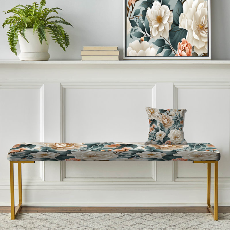Upholstered Gold Bench, Farmhouse Blue And White Floral Gardens I