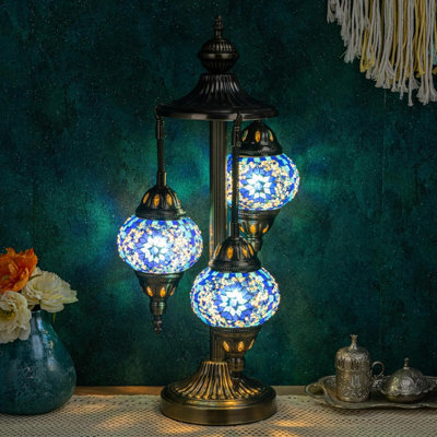 Turkish Lamp 3 Globes Moroccan Table Lamp With Bronze Base, 23" Tall Handmade Blue Tiffany Mosaic Glass Night Light Fixture Including LED Bulb For Living Room Bedroom Decor