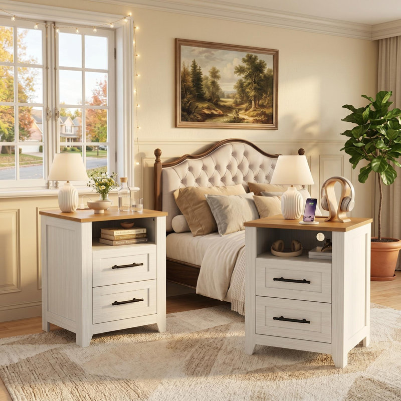 Ensemble de 2 tables de chevet Farmhouse avec 2 tiroirs et compartiment ouvert, table d'appoint avec station de charge et tablette de rangement pour la chambre à coucher et le salon, blanc