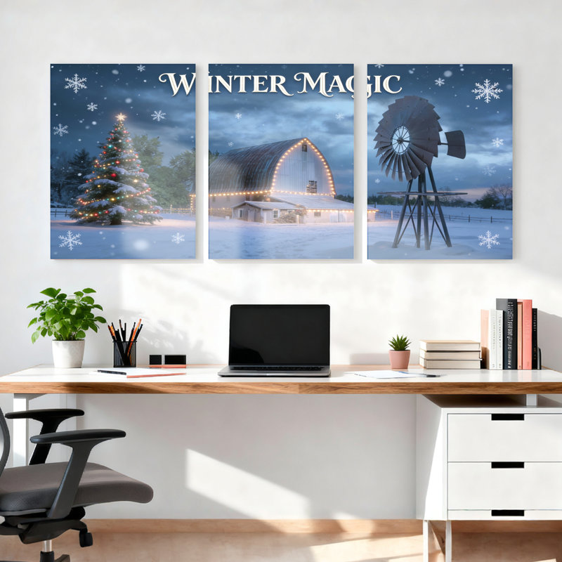 Ensemble de 3 tableaux sur toile « Magie d'hiver » représentant un sapin de Noël, une grange et un moulin à vent., 2436