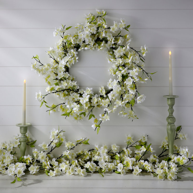 24" Cherry Blossom Wreath, White