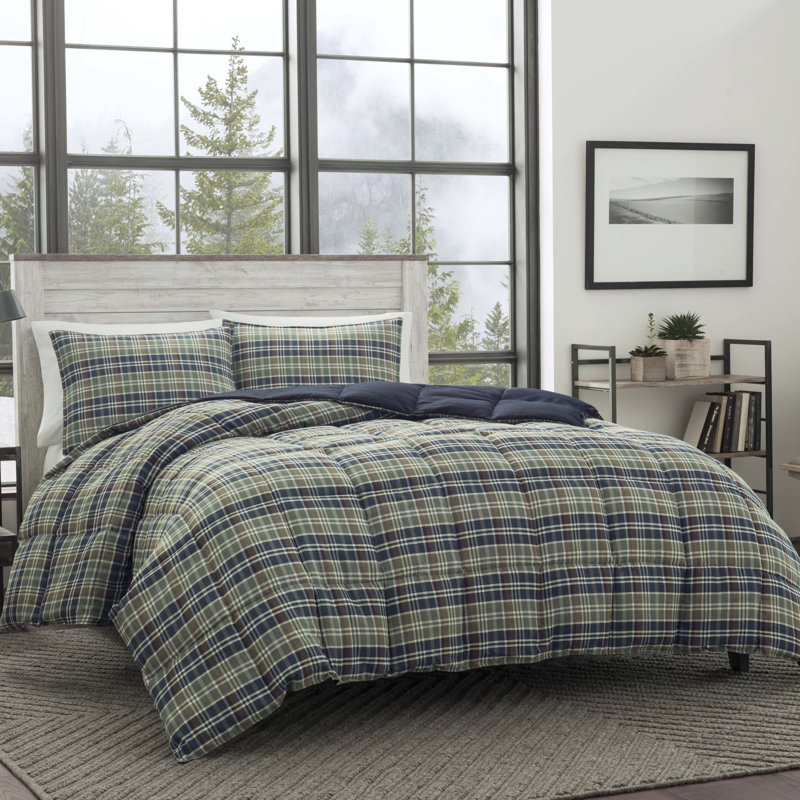 Wildflower Plaid Reversible Comforter Set, King Comforter + 2 King Shams, Navy