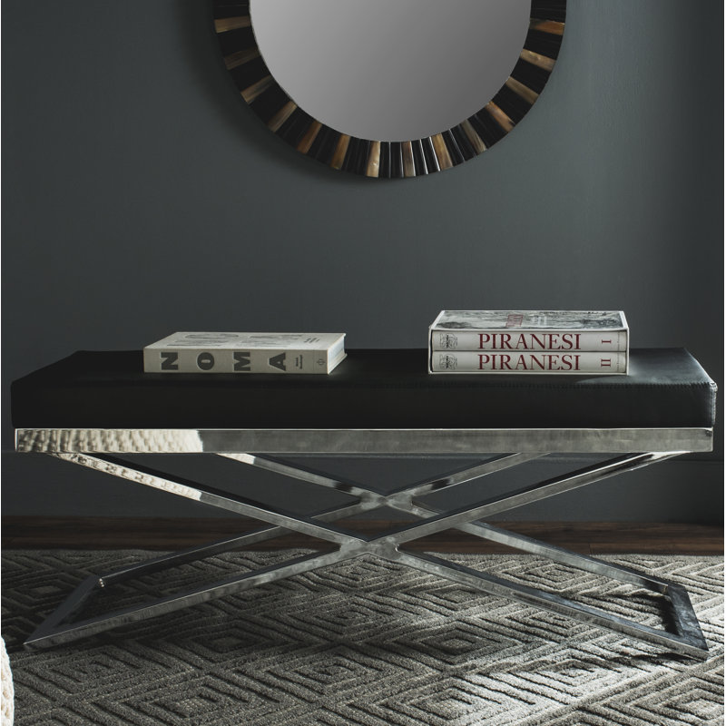 Serena Faux Leather Upholstered Bench, Black/Silver