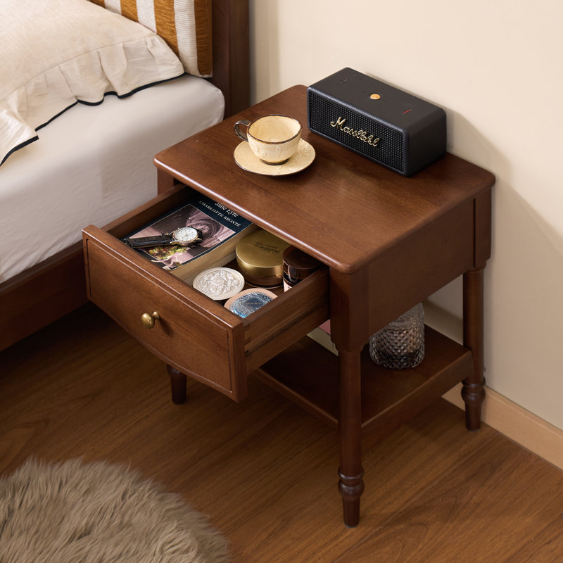Small Nightstand Set of 2, Solid Wood Mid-Century Modern Fully Assembled Bedside Tables with Drawer & Open Shelf, Spindle Legs, 17.32"W x 19.69"H, Walnut Finish Vintage Small End Tables for Bedroom