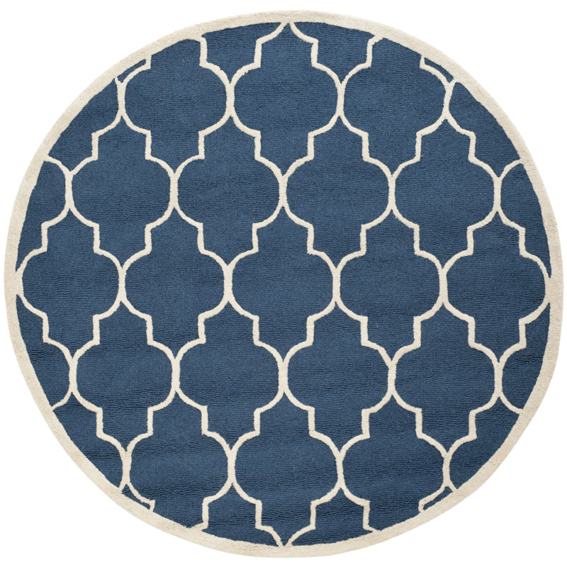 Tapis bleu marine / ivoire en laine à motif géométrique Cannen, Rond 10 pi