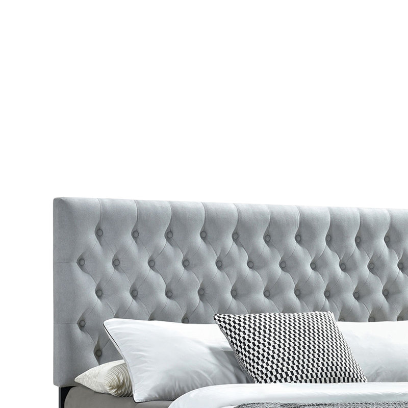 Eastern King Panel Bed With 4 Drawers, Soft Grey Upholstered Fabric, Button- Headboard, And Hardwood Frame Slat Kit For Comfort