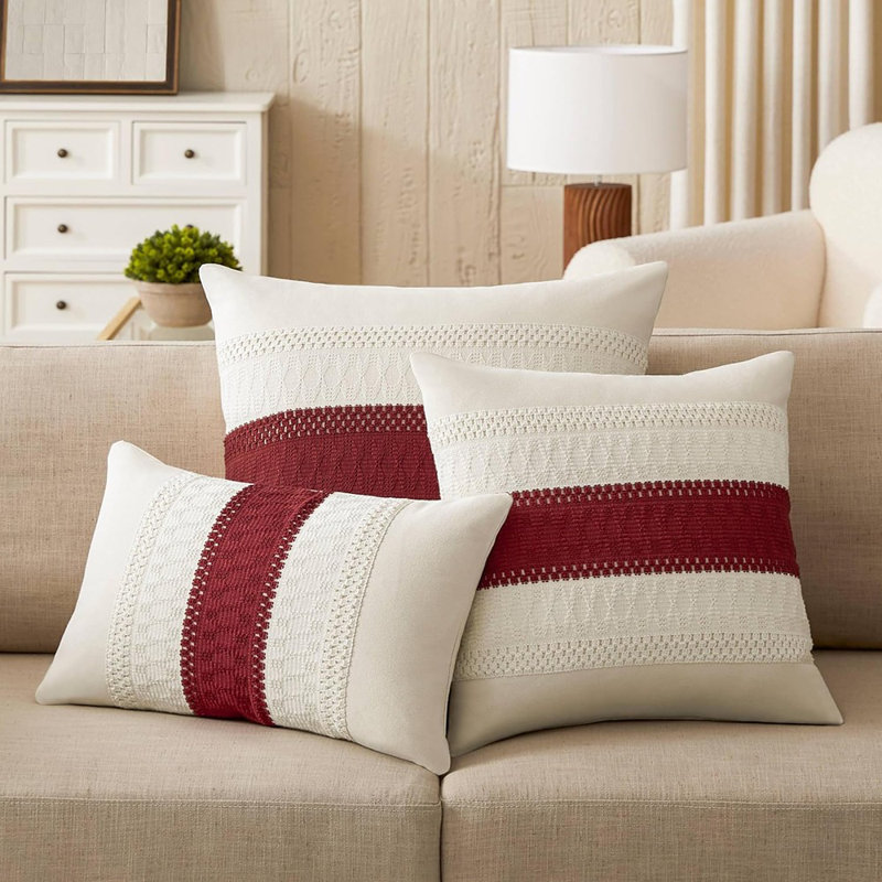 Ensemble de 2 housses de coussin en coton bohème de Noël 16 x 16 pouces contrastant / rouge, douces taies décoratives de style campagnard Housses de coussin rouges pour canapé-lit, salon, décoration intérieure